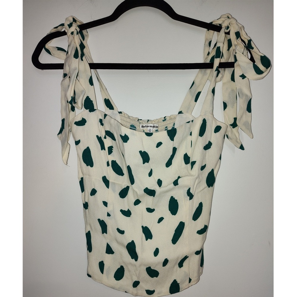 Reformation Tie Shoulder Smocked Back Tank Top Green Cream Print Size 2